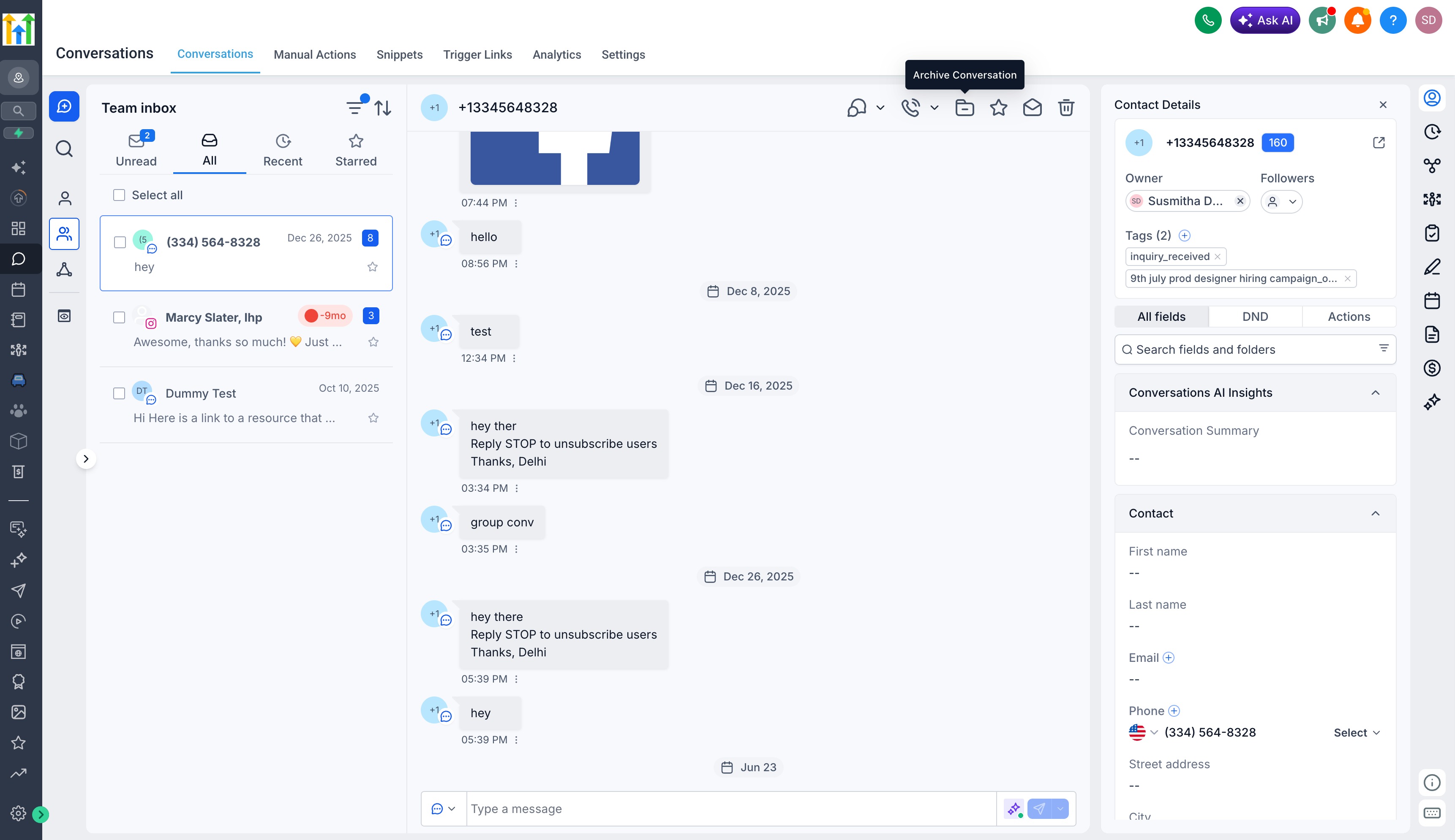 Actual HighLevel conversations inbox screen