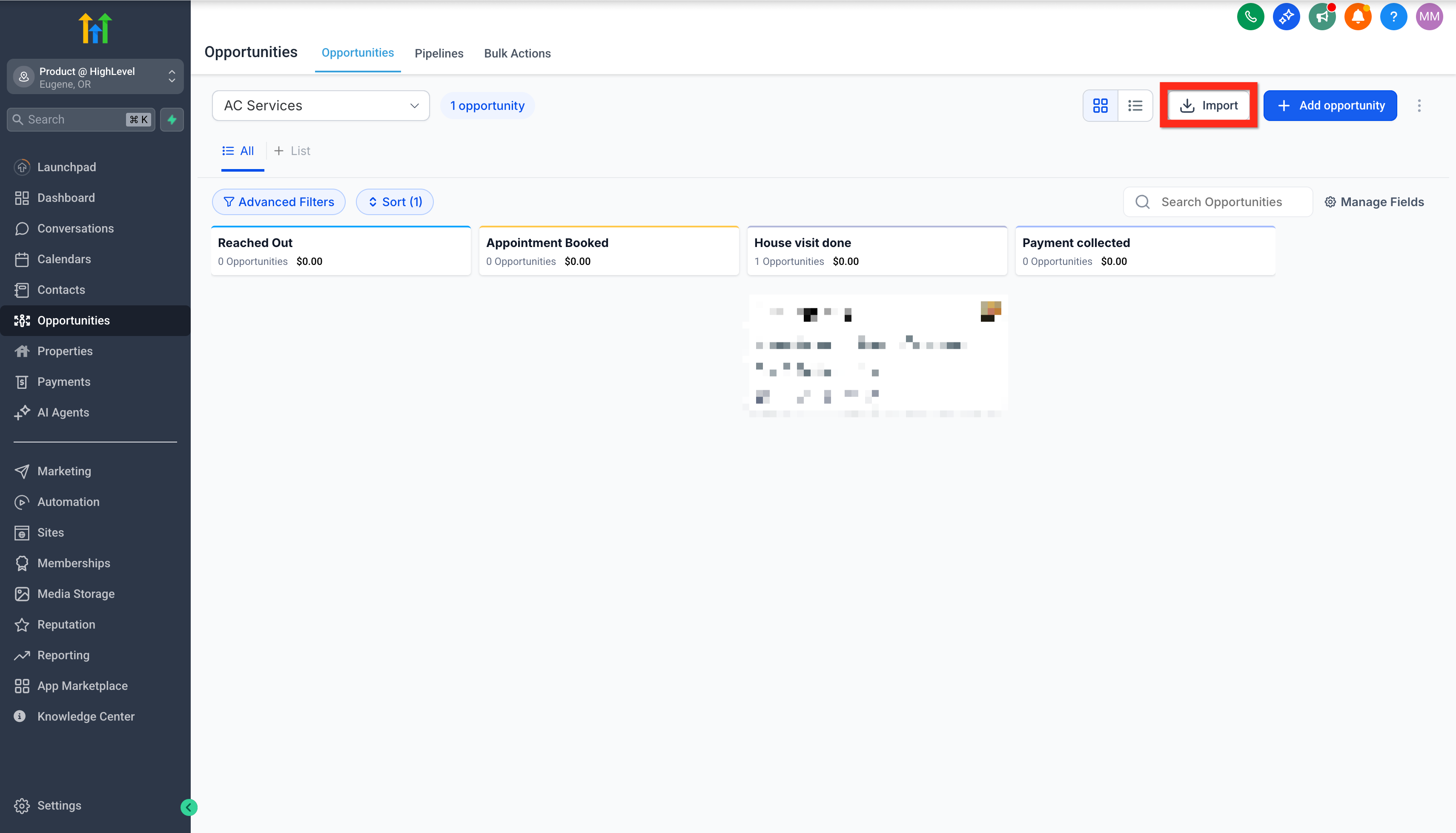 Actual HighLevel sales pipeline screen